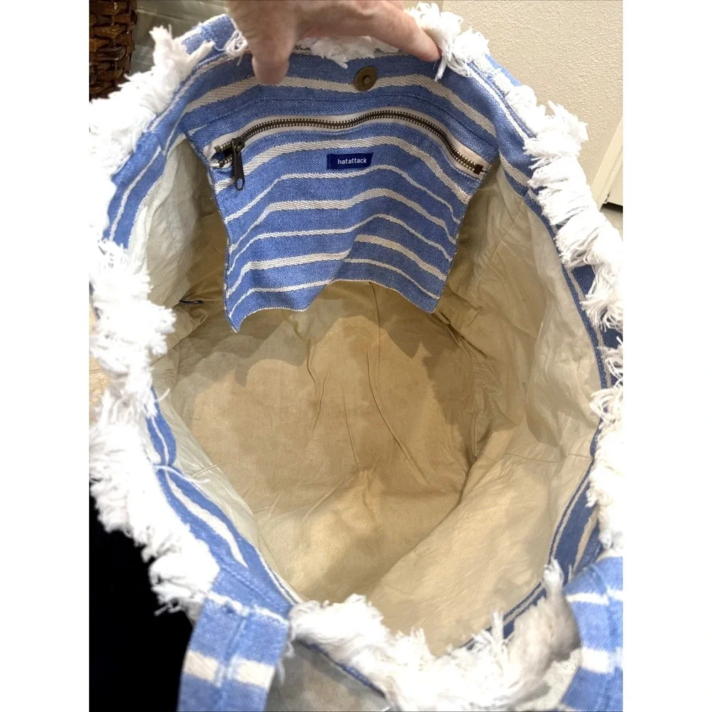 HATATTACK‎ CANVAS FRINGE LARGE TOTE BAG BLUE & WHITE Beach Nautical Cruise AS IS